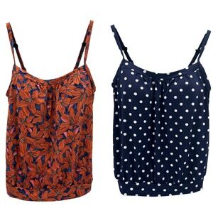 Lands End Lot Of 2 Navy Floral Polka Dot Tankini Swim Top Adjustable Strap Sz 10